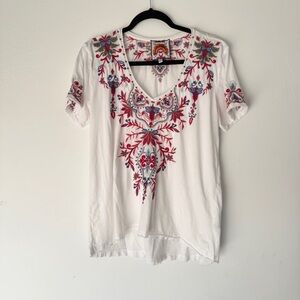 Johnny Was White Tunic with Red and Blue Embroidery